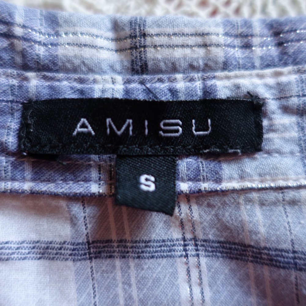 Vintage - Bluse - Longbluse, Gr. S bzw. ca. Gr. 36, lila/weiß/silber, kariert, Amisu